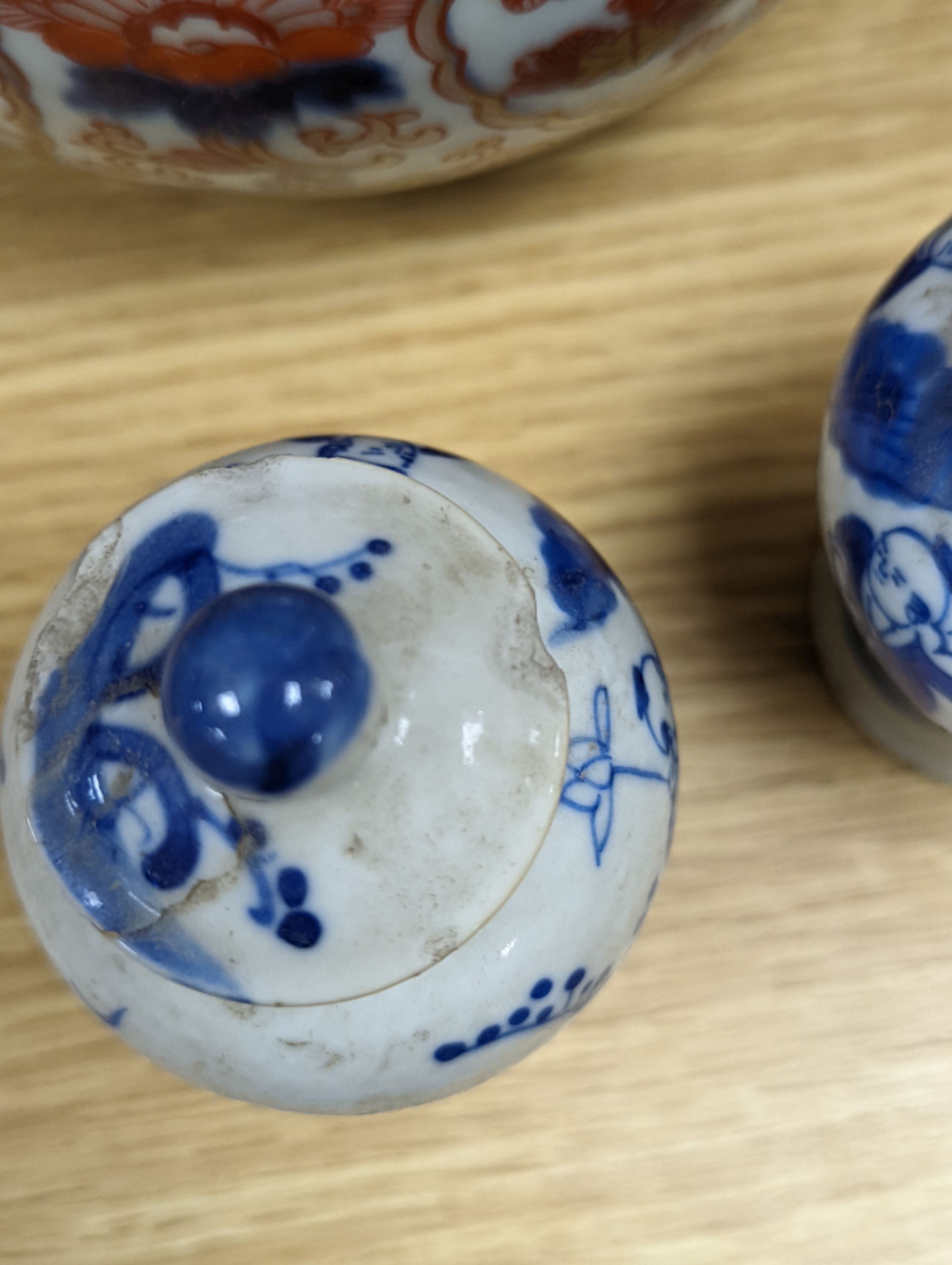 An 18th century Chinese famille rose dish, crackle-glaze stem cup, Beijing glass tea bowl and a Chinese Imari plate. Largest 24cm